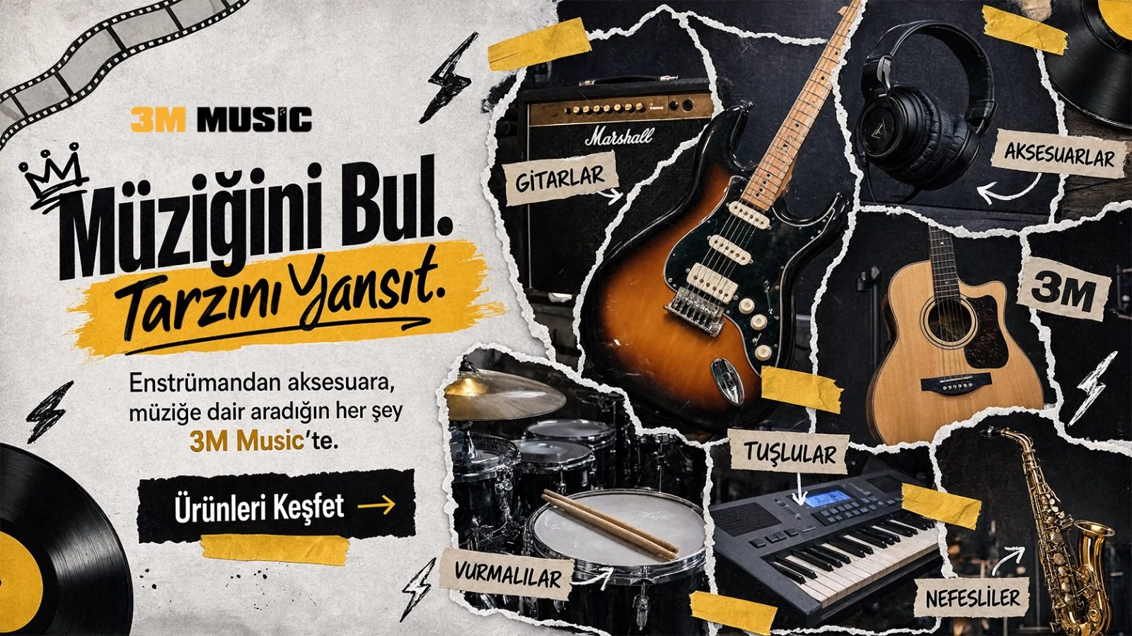 Müziğini bul, tarzını yansıt — gitar, tuşlu, vurmalı ve nefesli çalgılar
